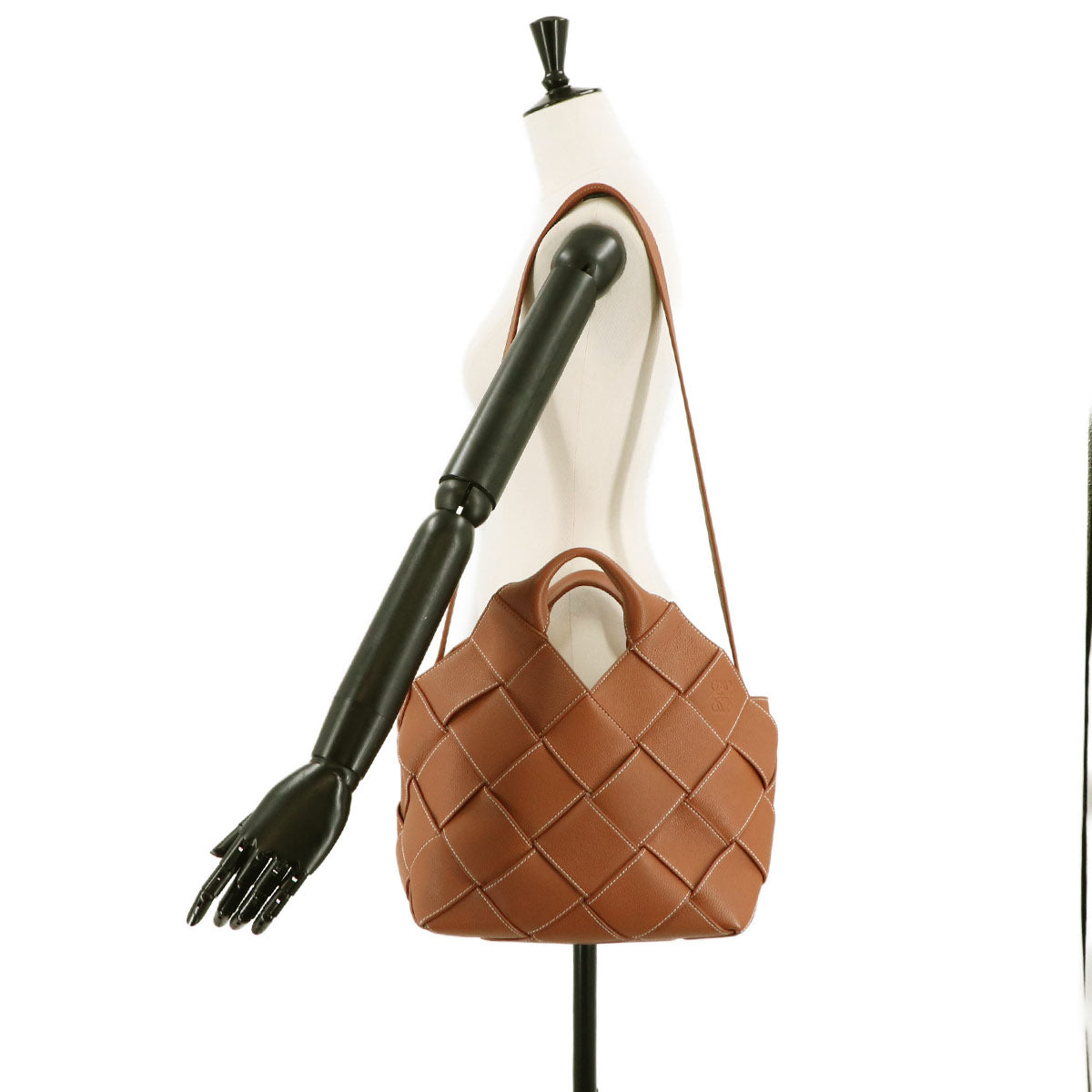 Woven Basket Hand Shoulder Bag Leather Brown Purse Anagram