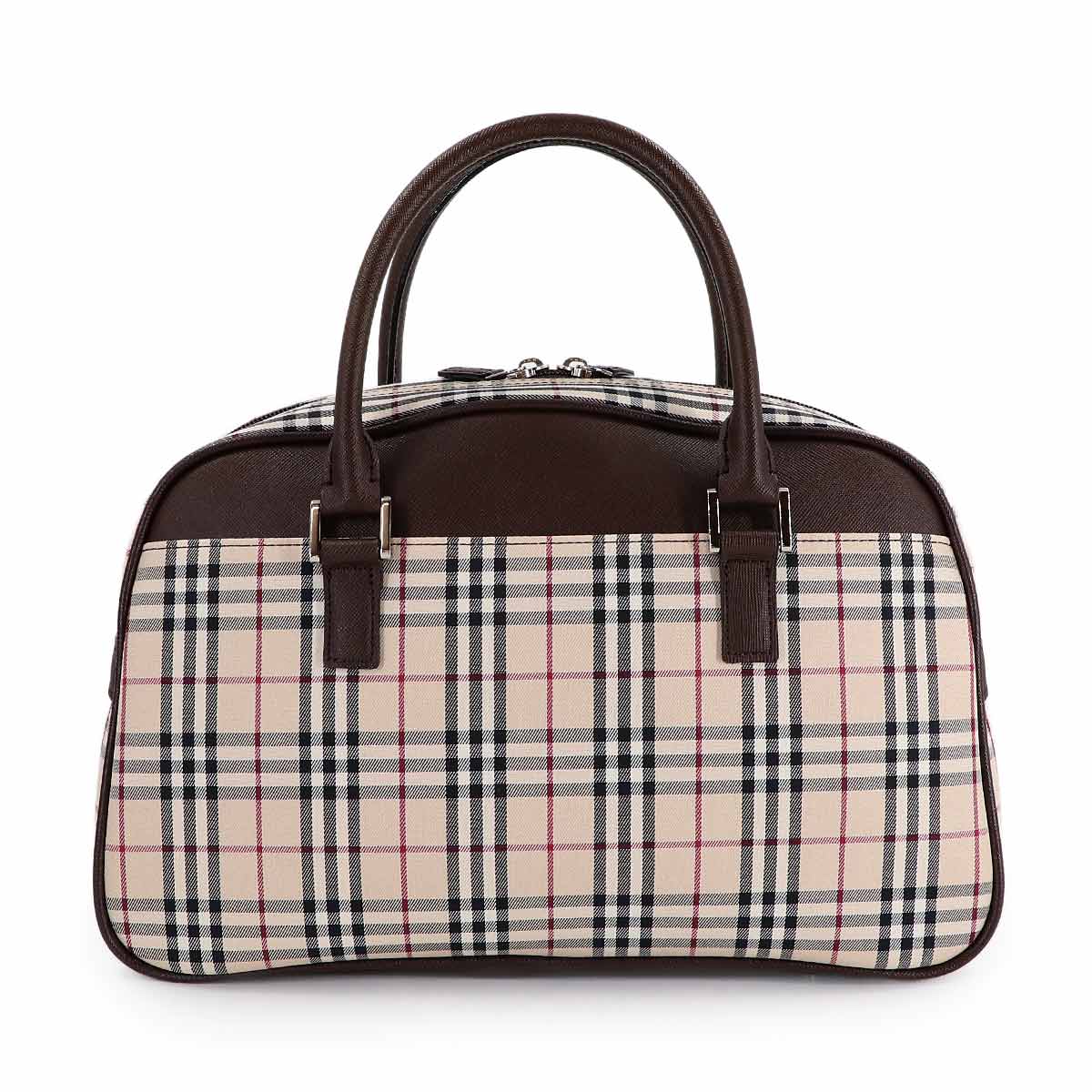 Plaid Boston Hand Bag Canvas Leather Beige Brown Purse