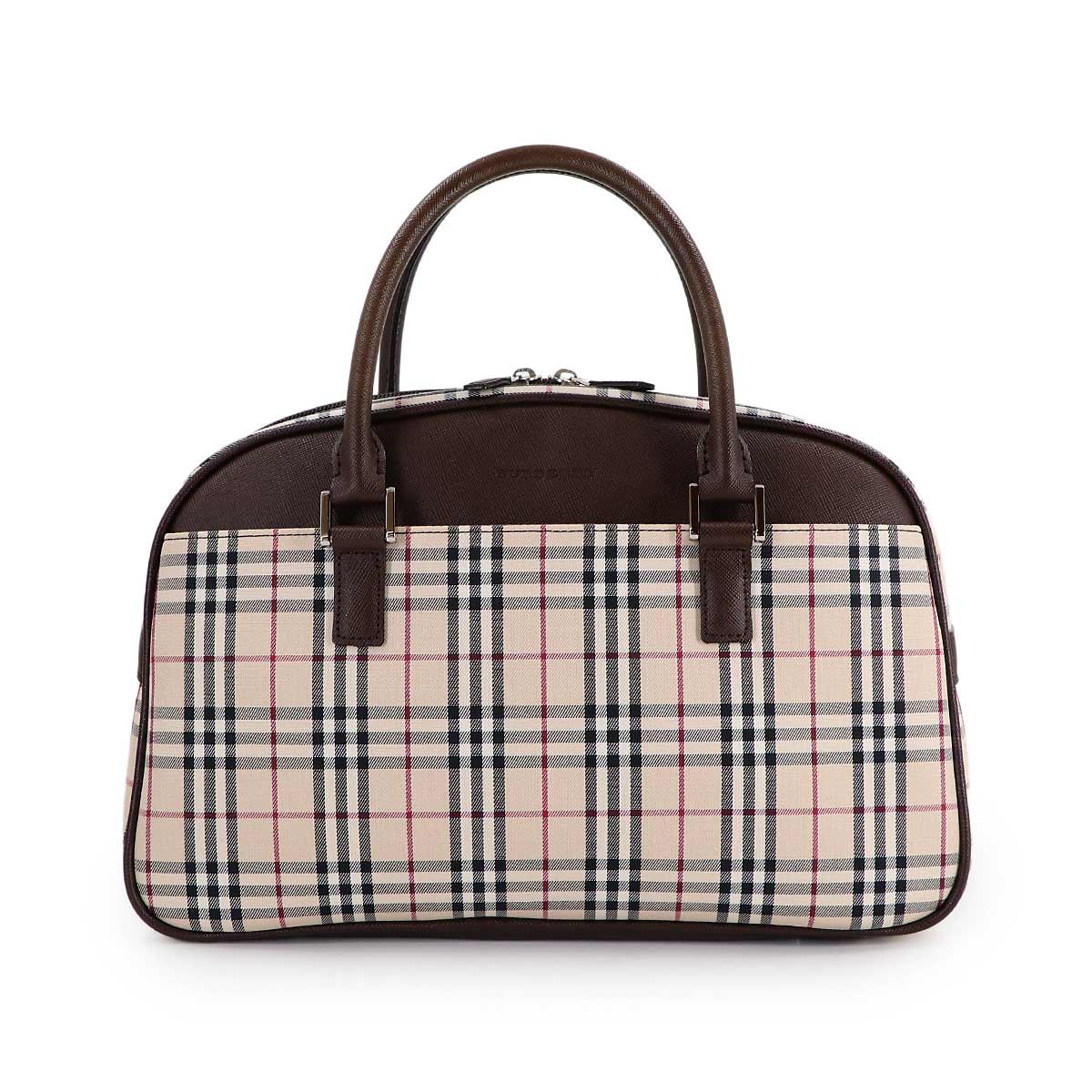 Plaid Boston Hand Bag Canvas Leather Beige Brown Purse