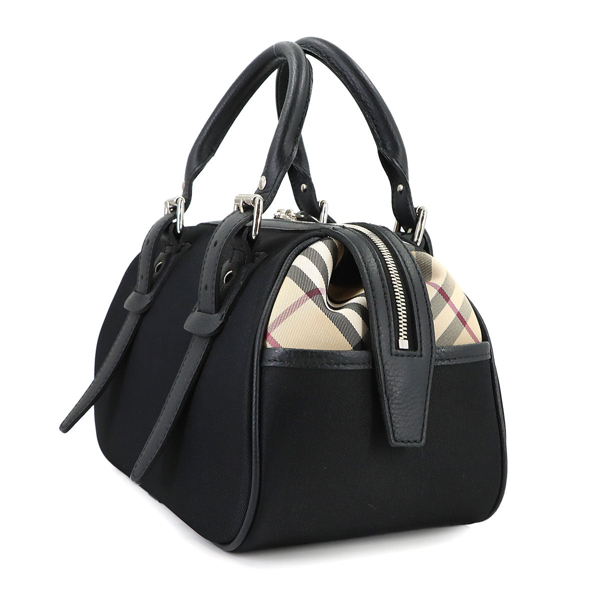 Plaid Boston Hand Bag Canvas Leather Beige Brown Purse