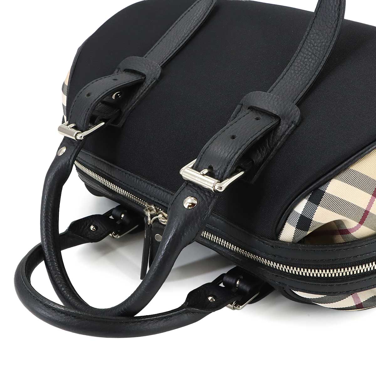 Plaid Boston Hand Bag Canvas Leather Beige Brown Purse