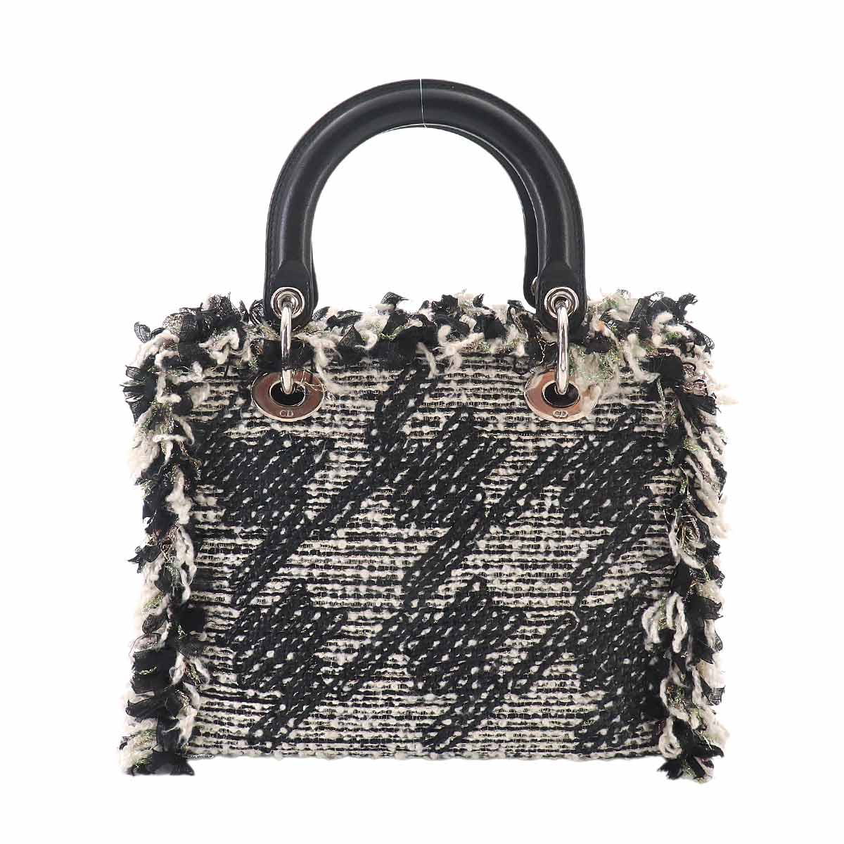Lady Dior Medium Hand Bag Tweed Leather Black