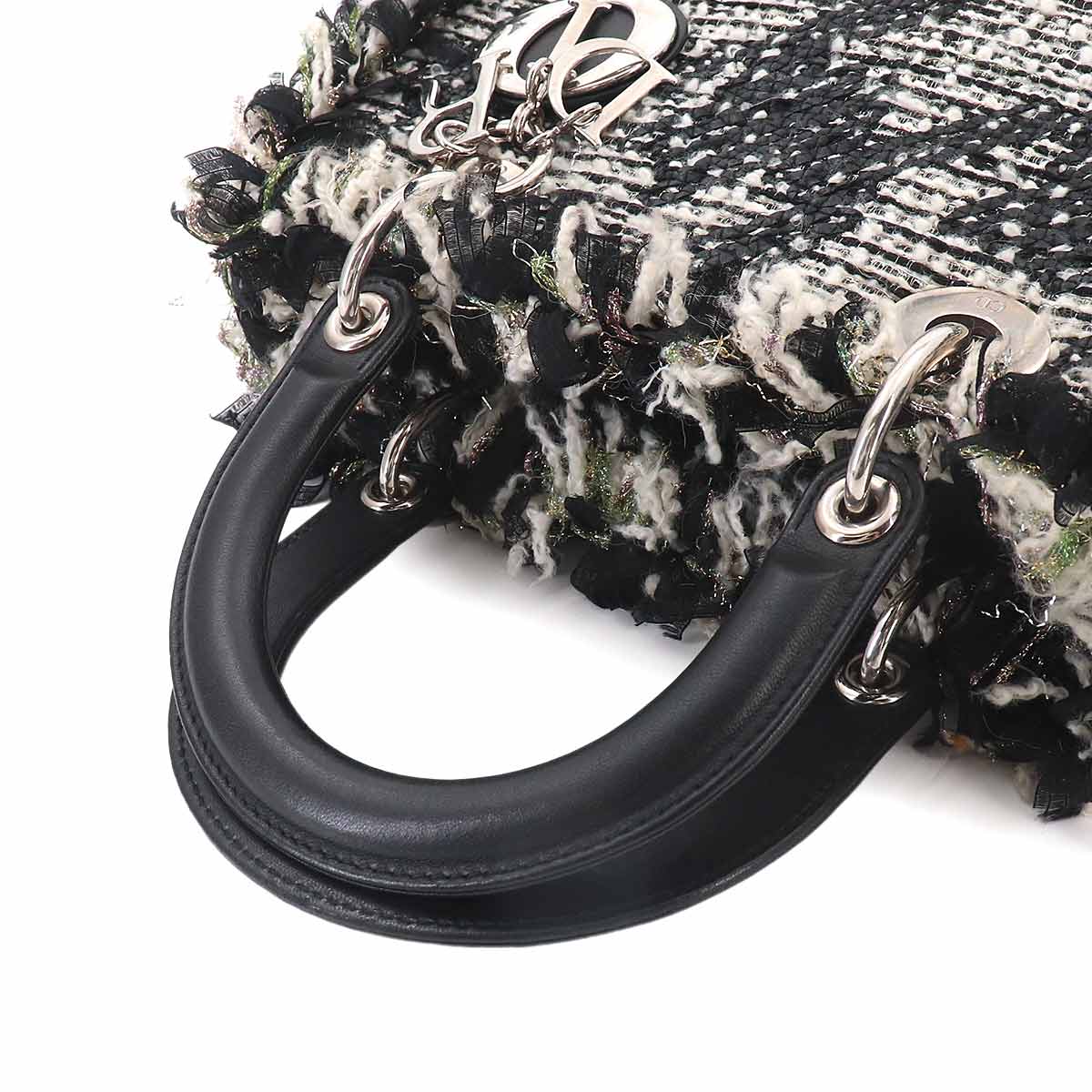 Lady Dior Medium Hand Bag Tweed Leather Black
