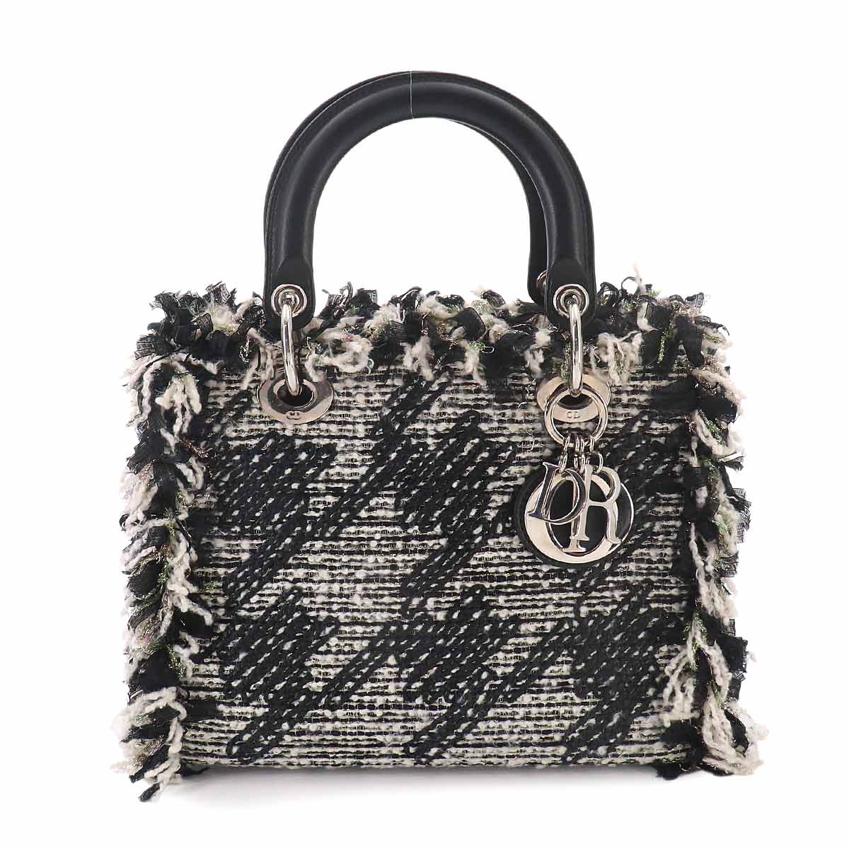 Lady Dior Medium Hand Bag Tweed Leather Black