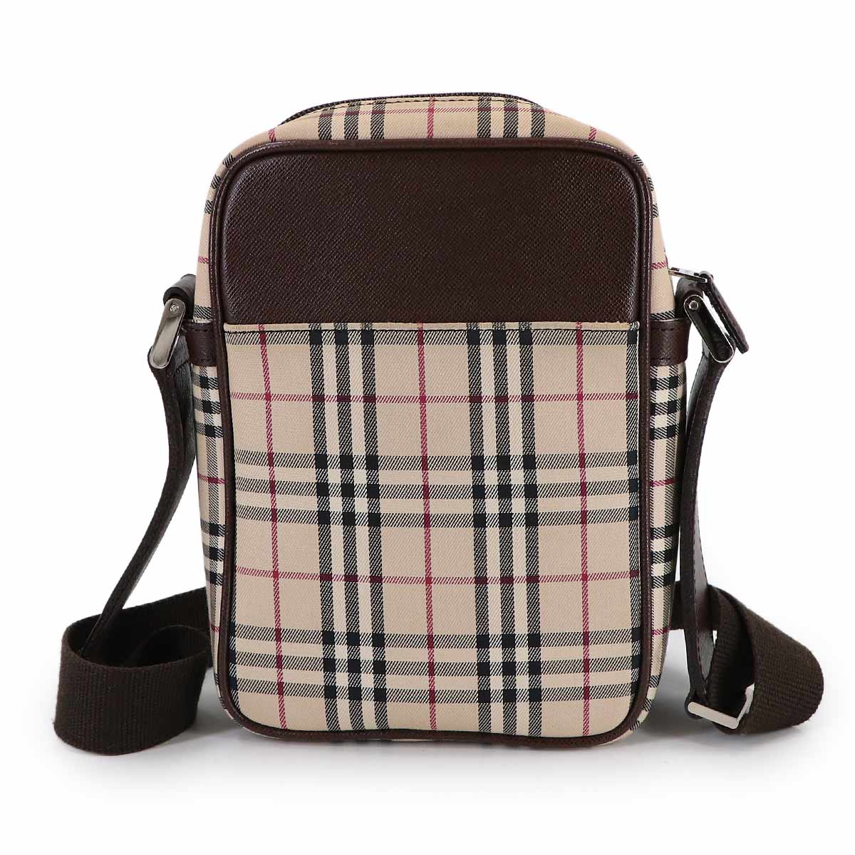 Plaid Shoulder Bag Canvas Leather Beige Brown Purse