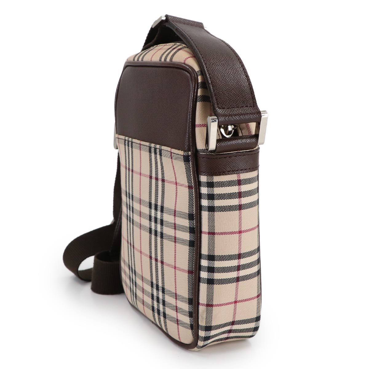Plaid Shoulder Bag Canvas Leather Beige Brown Purse