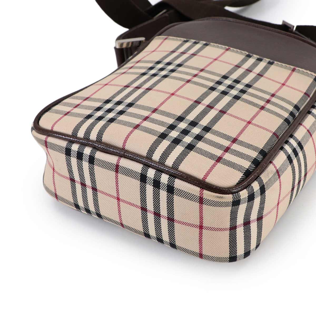 Plaid Shoulder Bag Canvas Leather Beige Brown Purse