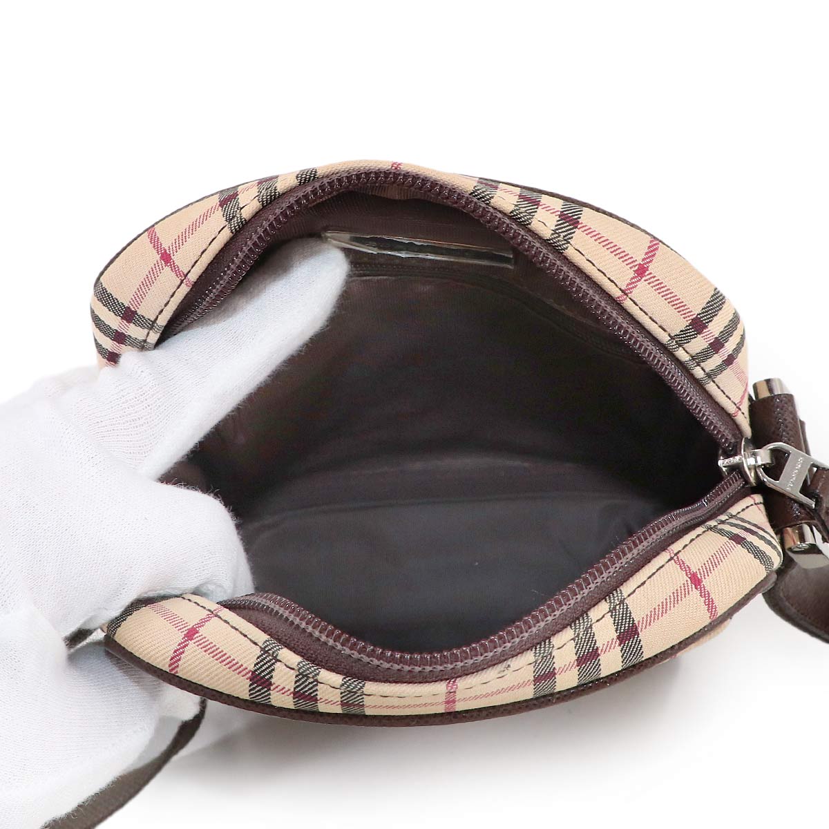 Plaid Shoulder Bag Canvas Leather Beige Brown Purse