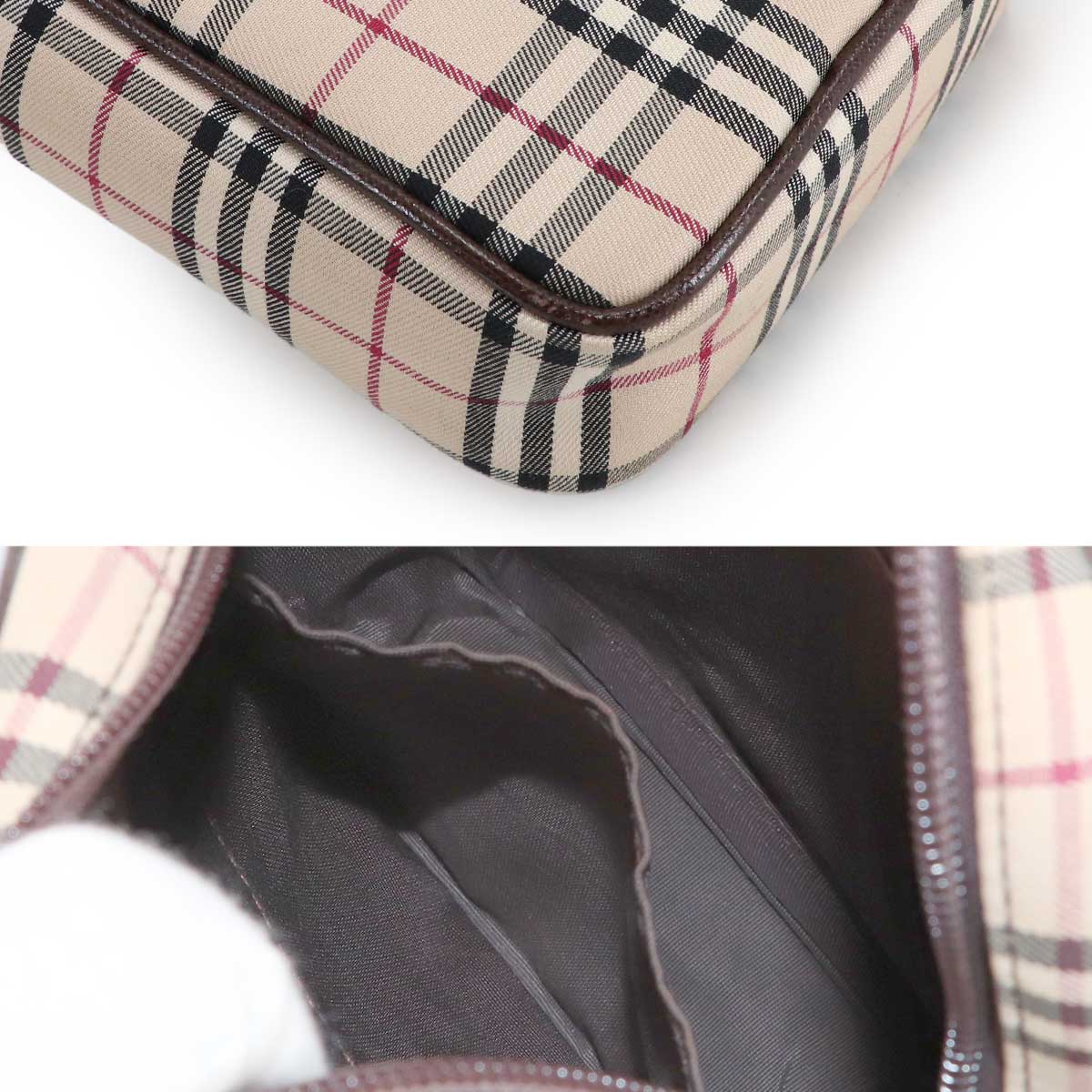 Plaid Shoulder Bag Canvas Leather Beige Brown Purse