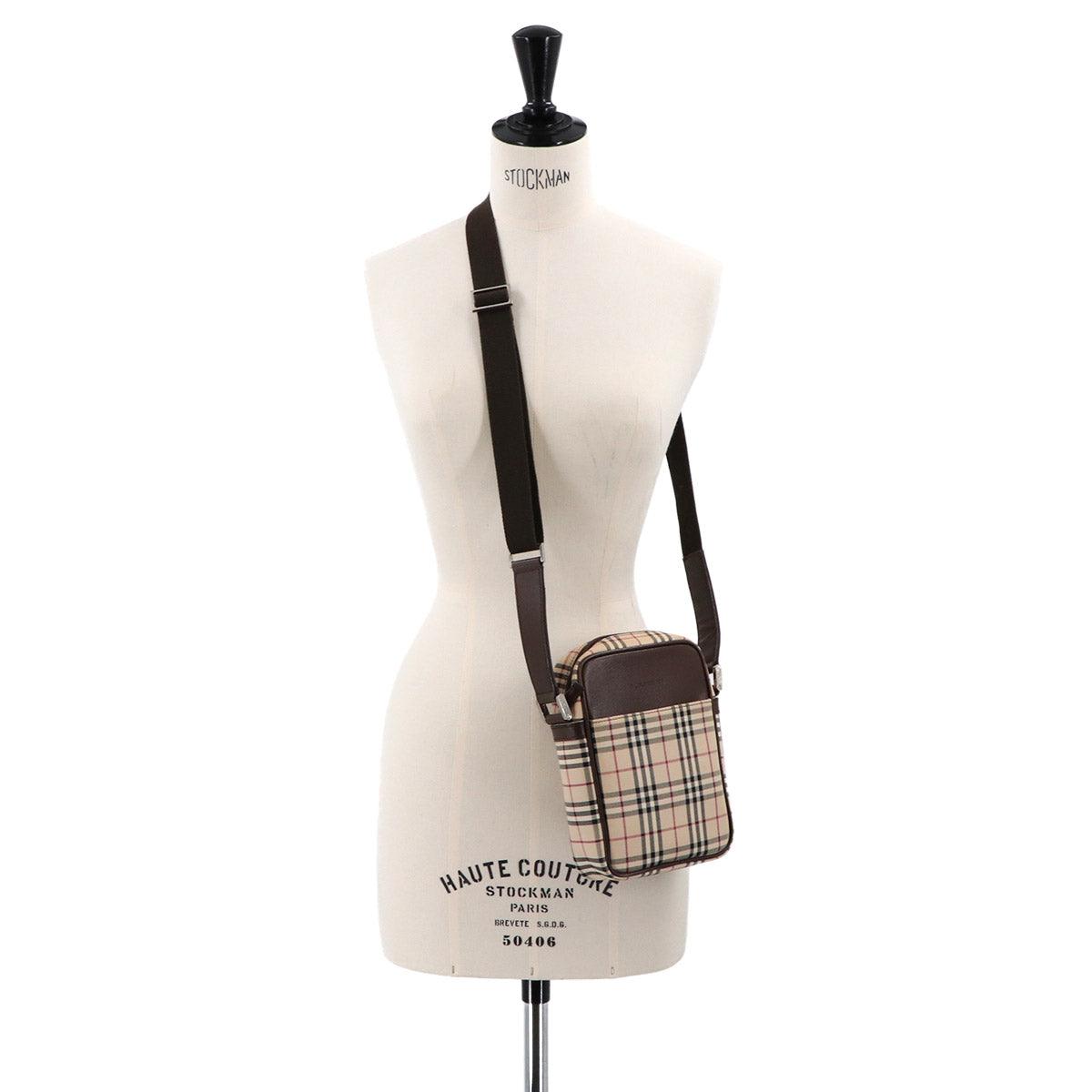 Plaid Shoulder Bag Canvas Leather Beige Brown Purse