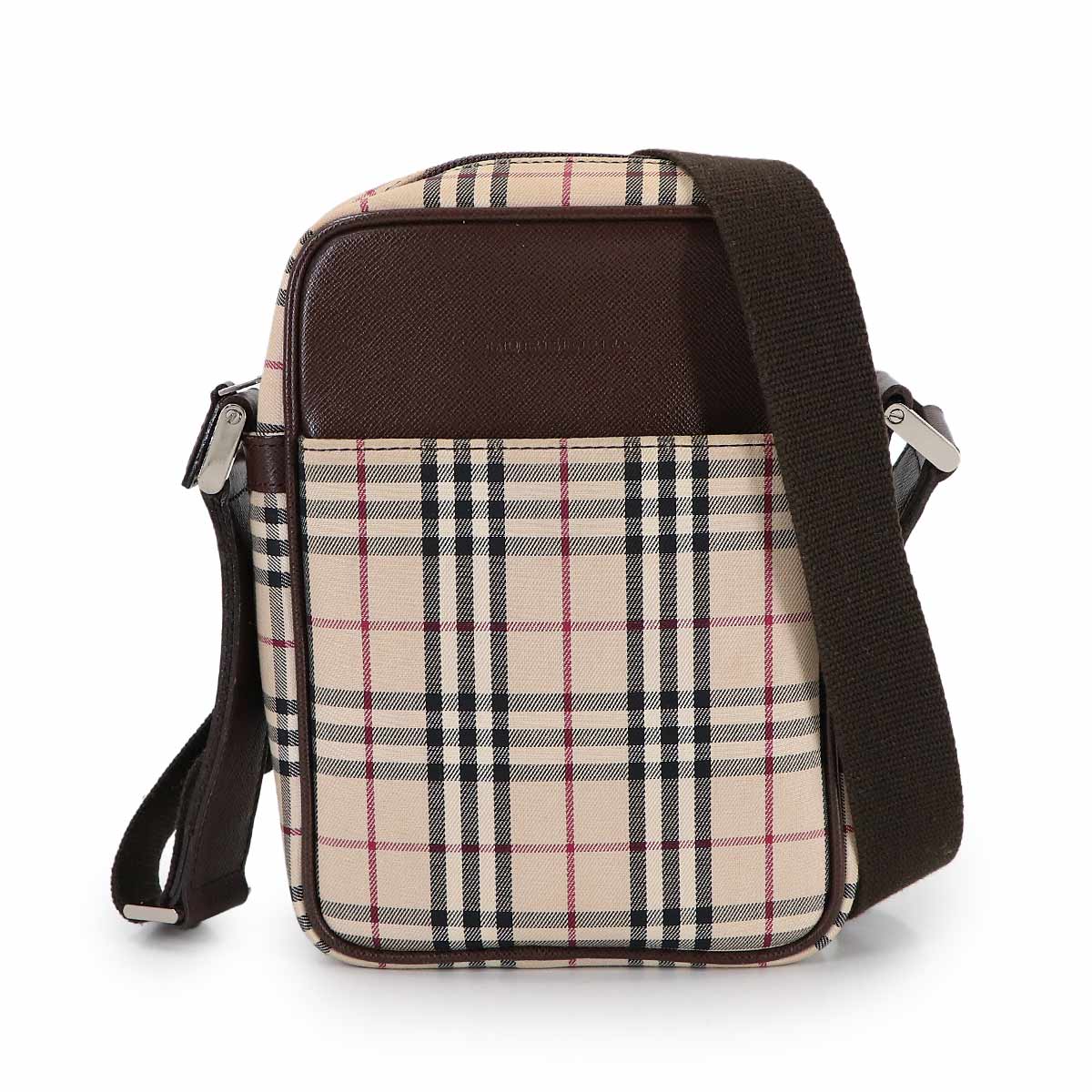 Plaid Shoulder Bag Canvas Leather Beige Brown Purse