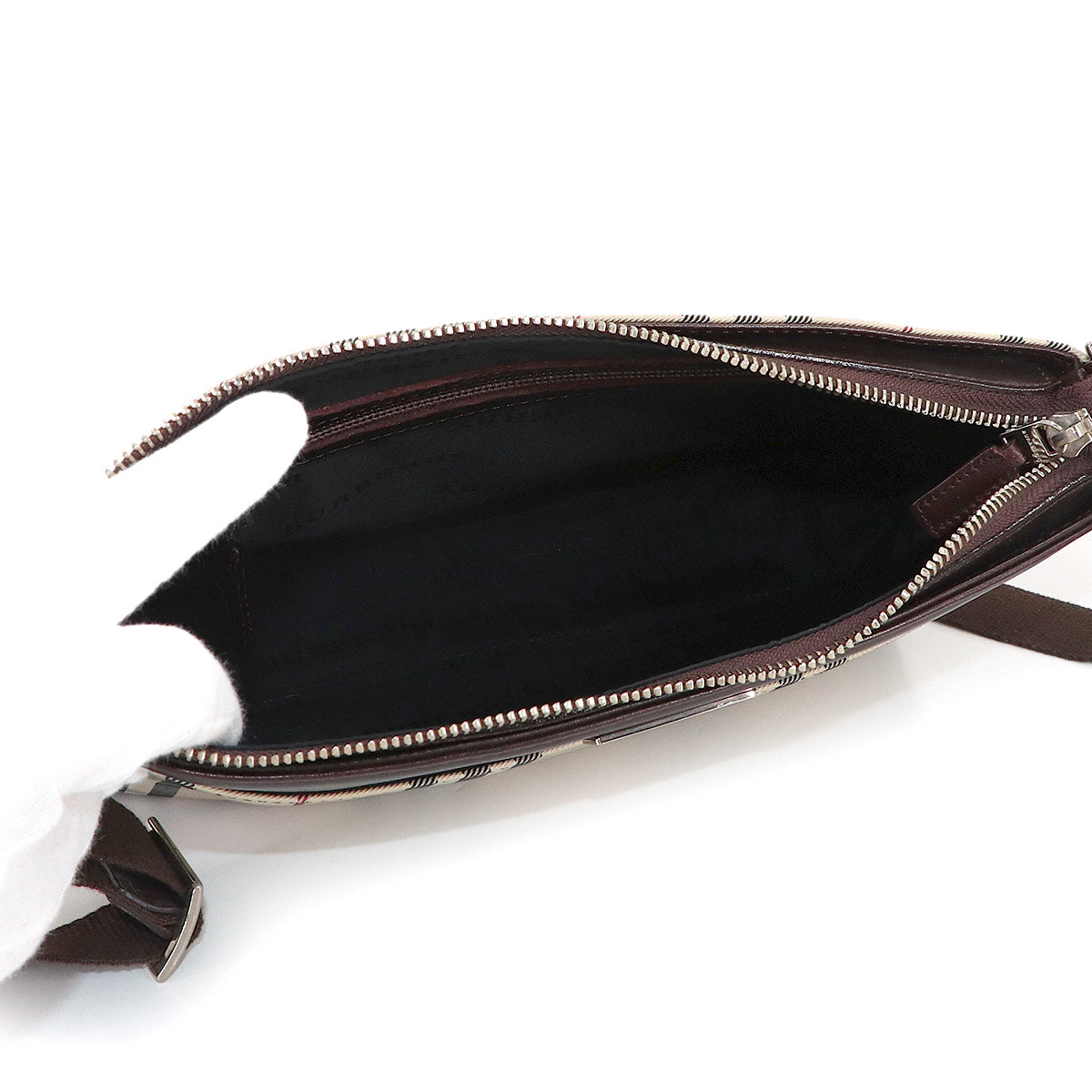 Plaid Shoulder Bag Nylon Leather Beige Brown Purse