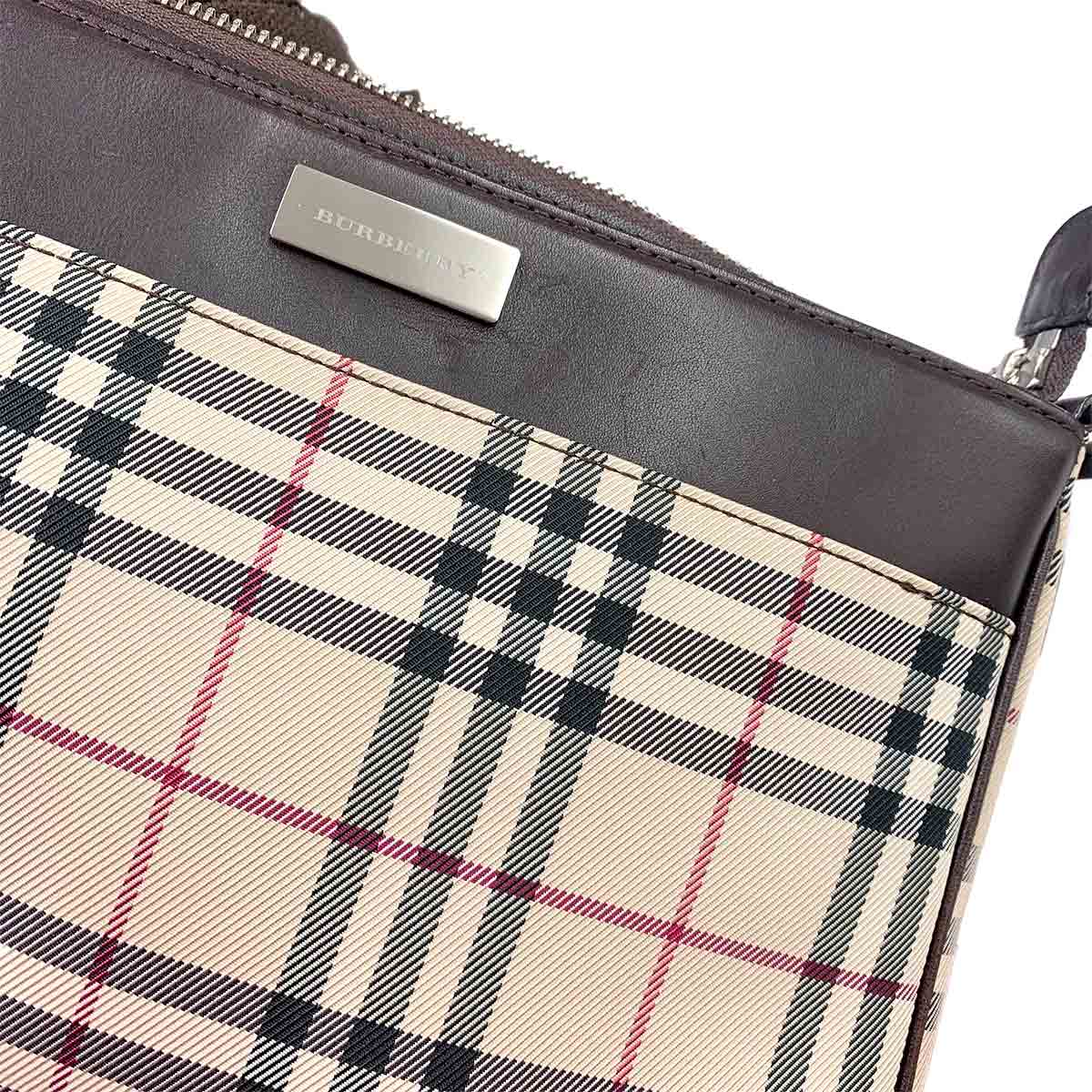 Plaid Shoulder Bag Nylon Leather Beige Brown Purse