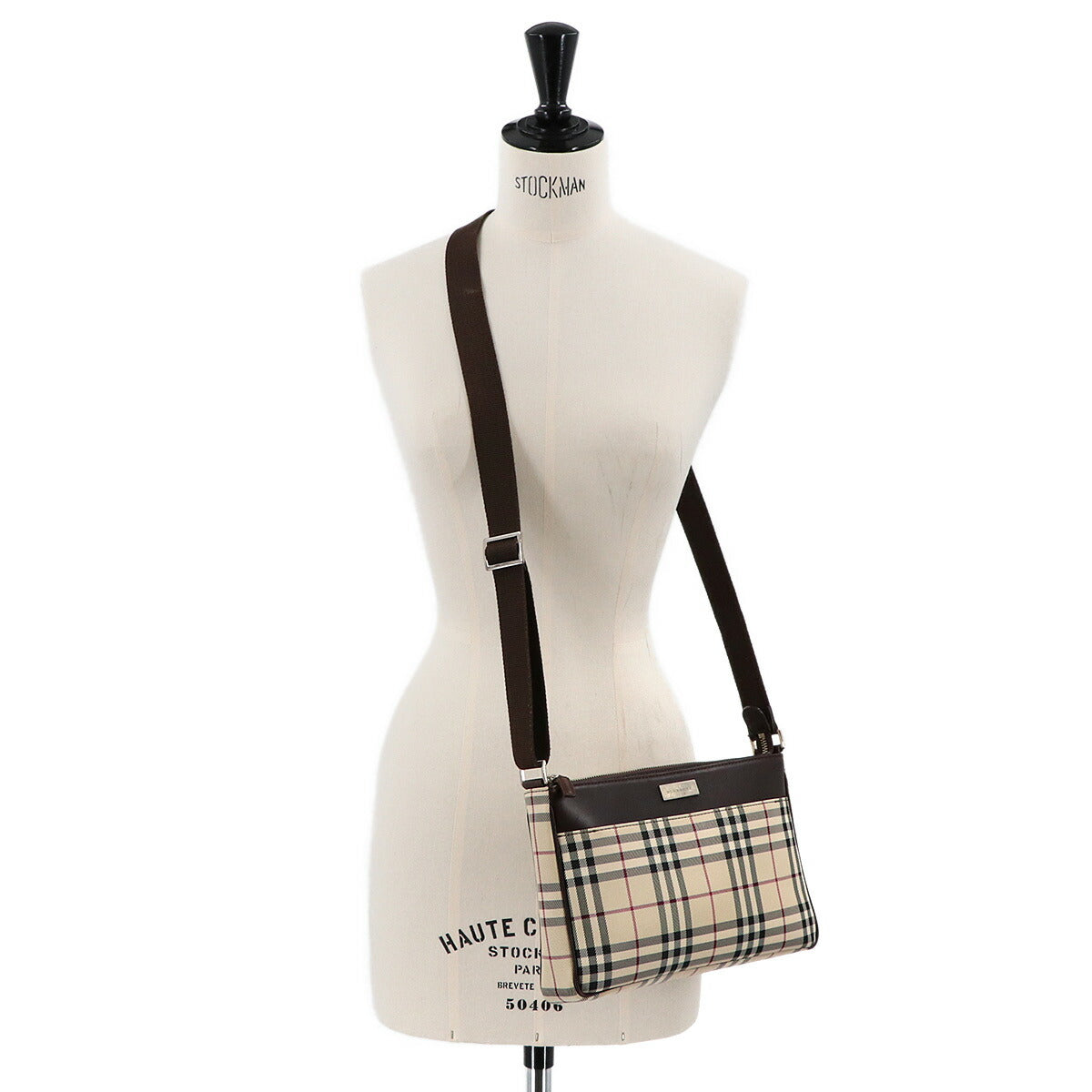 Plaid Shoulder Bag Nylon Leather Beige Brown Purse