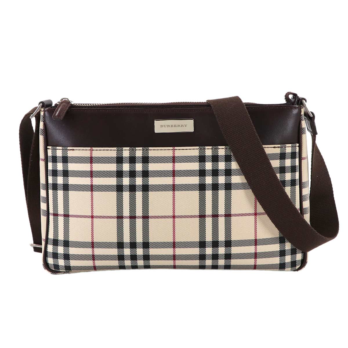 Plaid Shoulder Bag Nylon Leather Beige Brown Purse