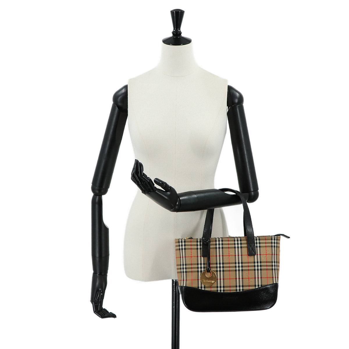 Plaid Hand Bag Canvas Leather Beige Black Haymarket