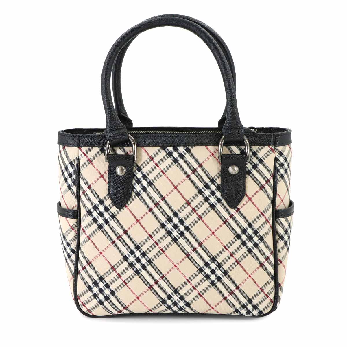 Plaid Hand Bag Canvas Leather Beige Black Purse