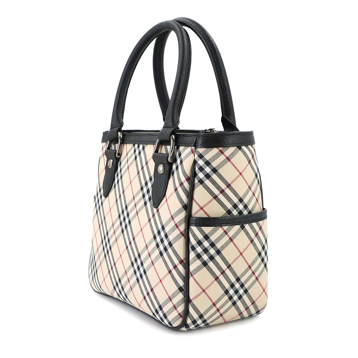 Plaid Hand Bag Canvas Leather Beige Black Purse