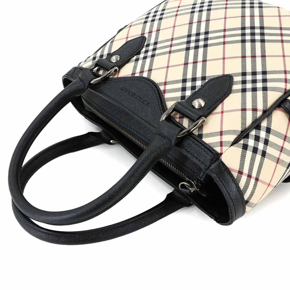 Plaid Hand Bag Canvas Leather Beige Black Purse