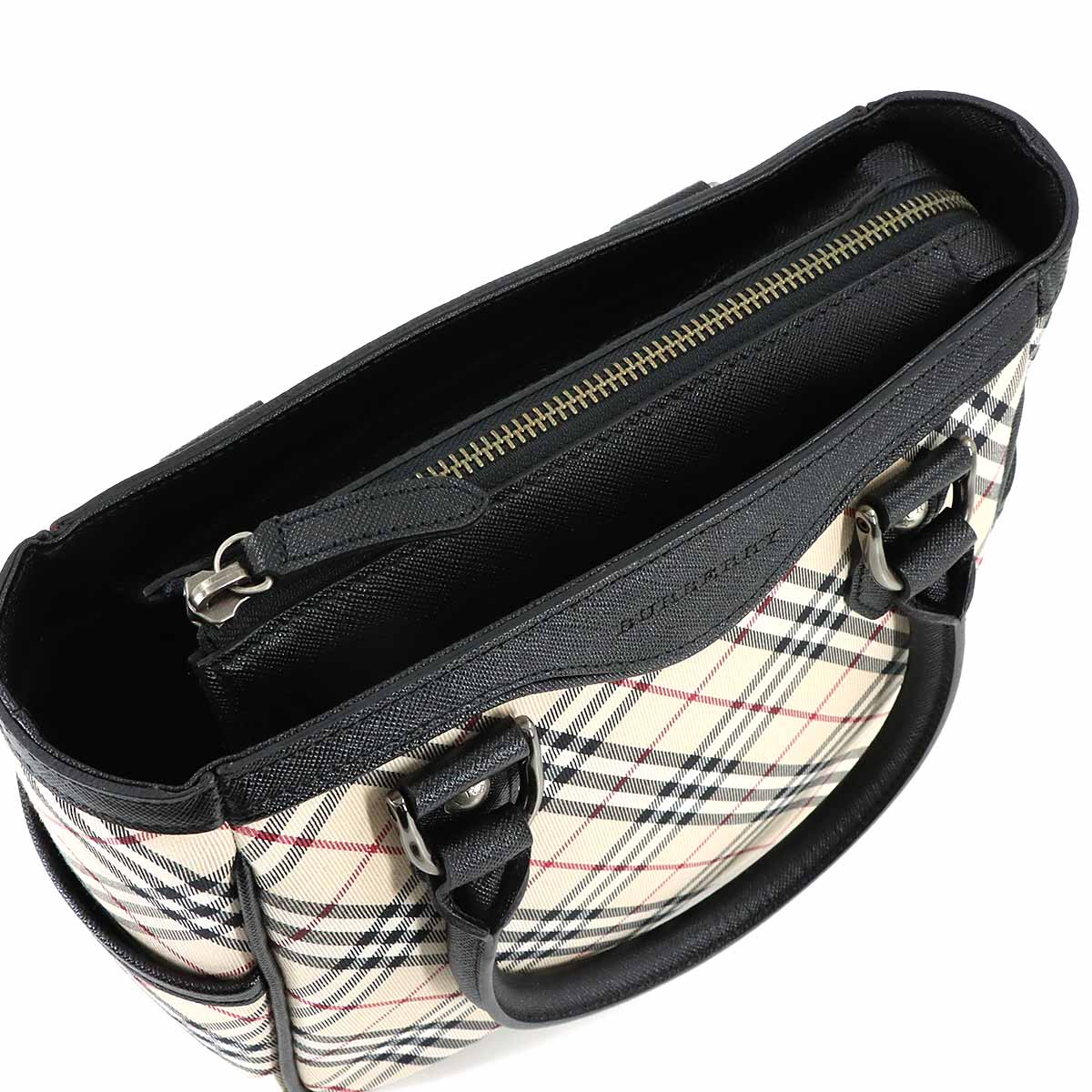 Plaid Hand Bag Canvas Leather Beige Black Purse