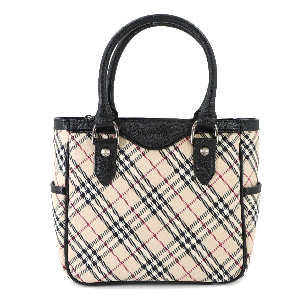Plaid Hand Bag Canvas Leather Beige Black Purse