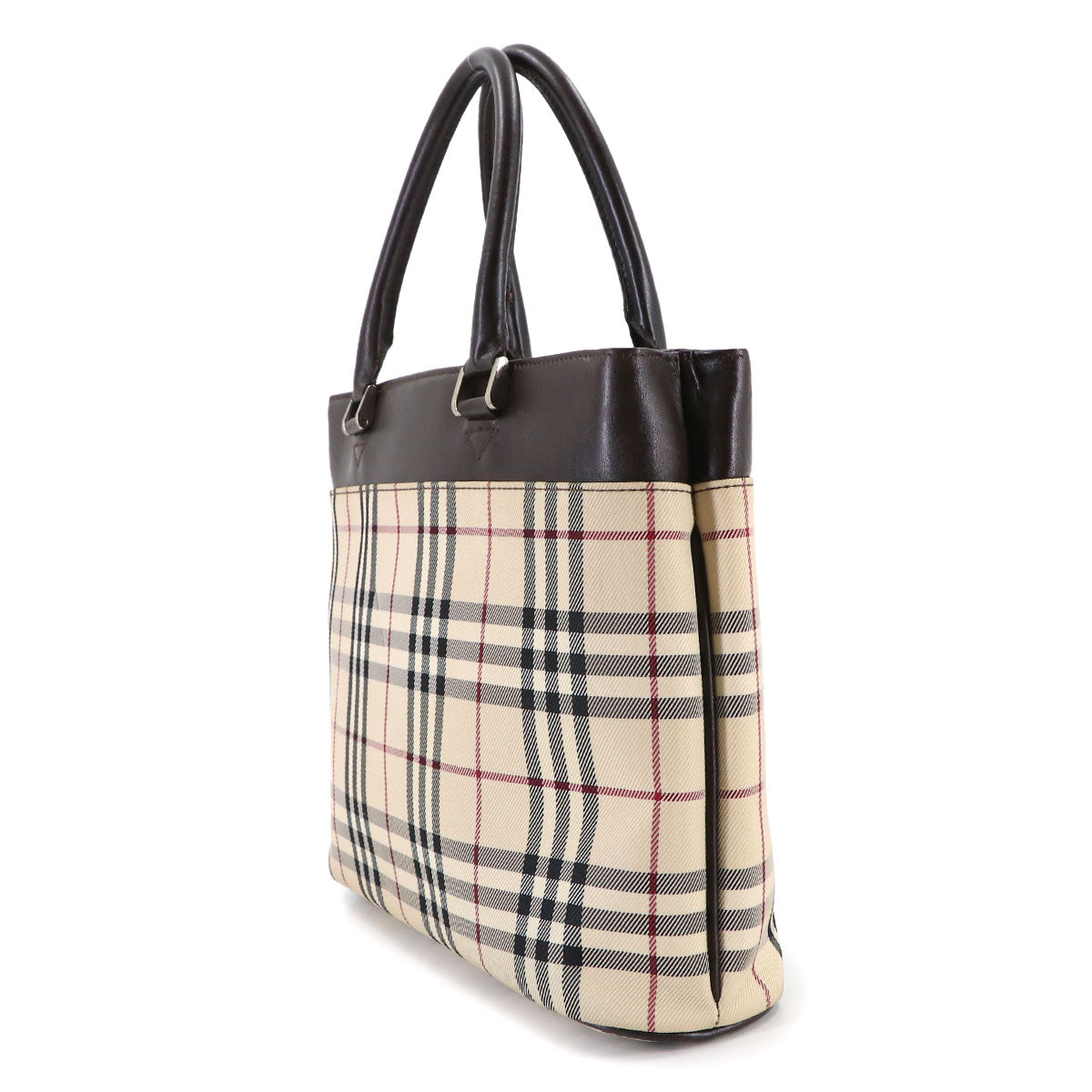 Plaid Hand Bag Canvas Leather Beige Brown Purse