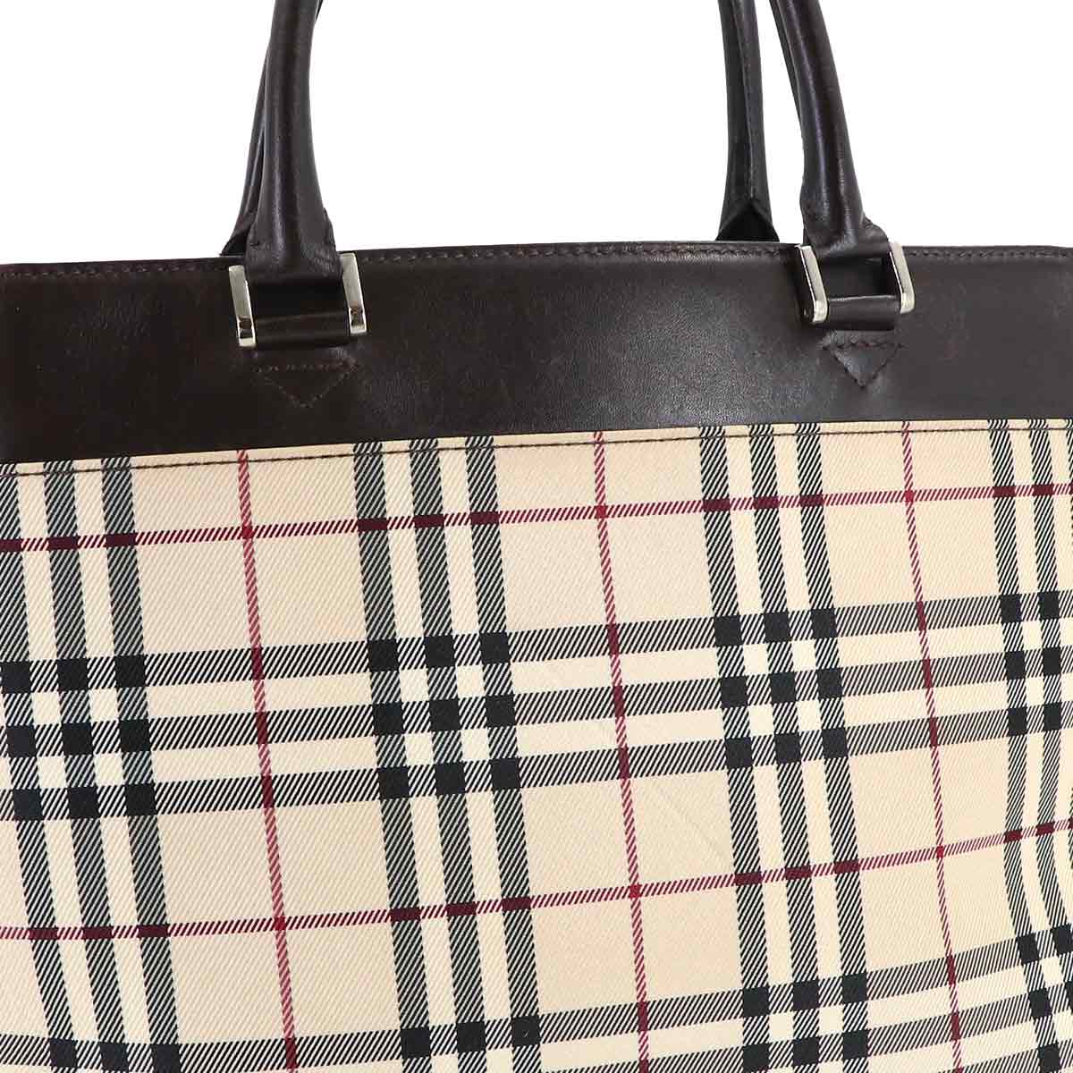 Plaid Hand Bag Canvas Leather Beige Brown Purse