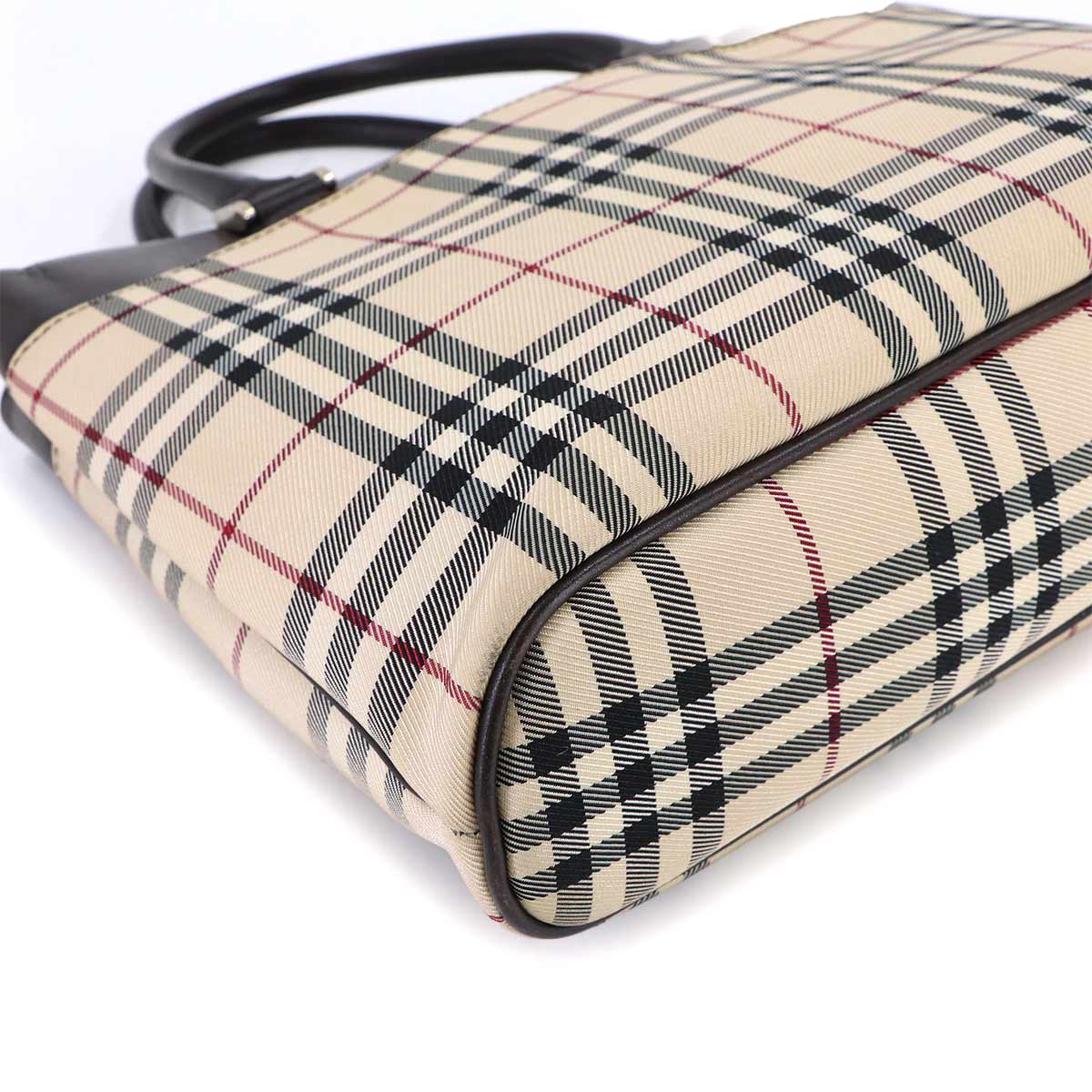 Plaid Hand Bag Canvas Leather Beige Brown Purse