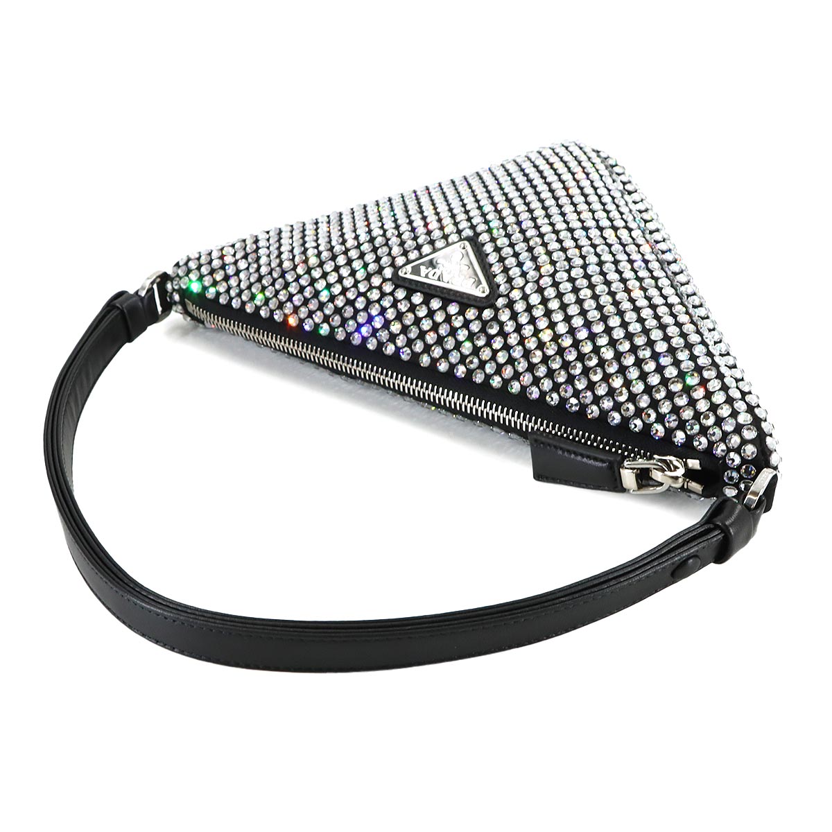 Triangle Pouch Shoulder Bag Satin Crystal RhineStone Black 1NQ044