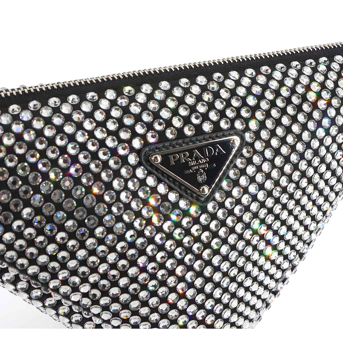 Triangle Pouch Shoulder Bag Satin Crystal RhineStone Black 1NQ044