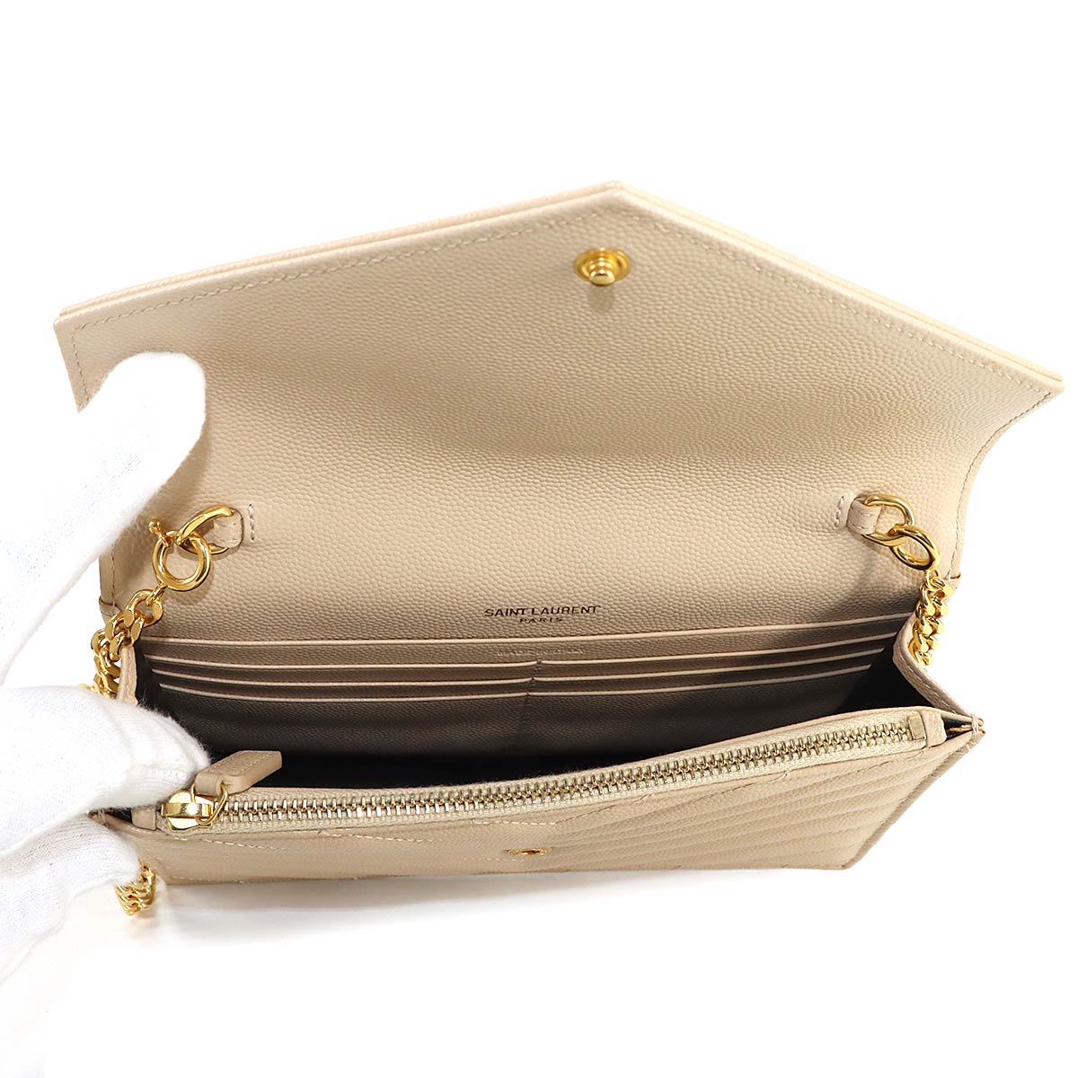 Cassandre Envelope Chain Wallet Leather Beige 393953