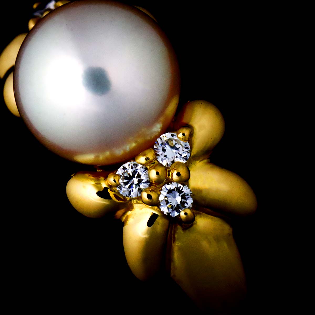 Akoya Pearl 7.6mm Diamond Ring 18K YG 750 Size4(US)