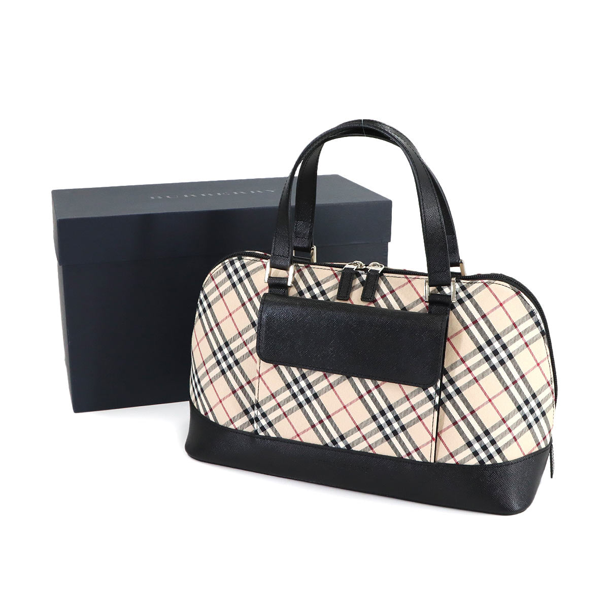 Plaid Hand Bag Canvas Leather Beige Black Purse