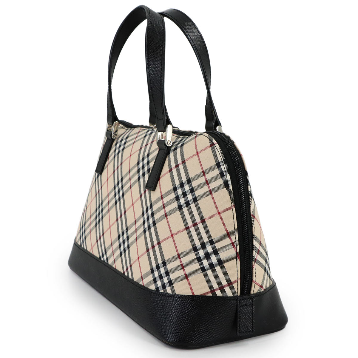 Plaid Hand Bag Canvas Leather Beige Black Purse
