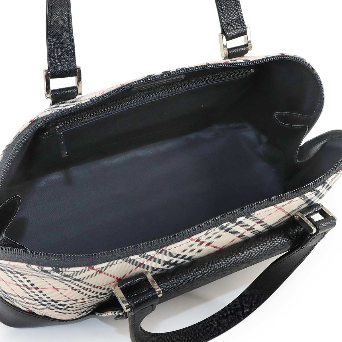 Plaid Hand Bag Canvas Leather Beige Black Purse