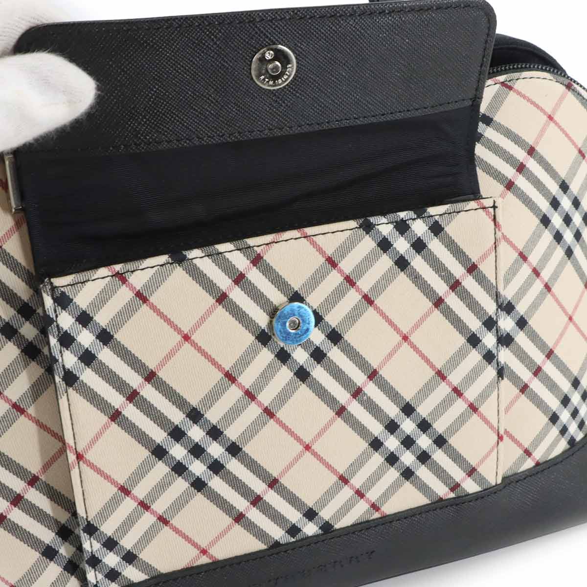 Plaid Hand Bag Canvas Leather Beige Black Purse