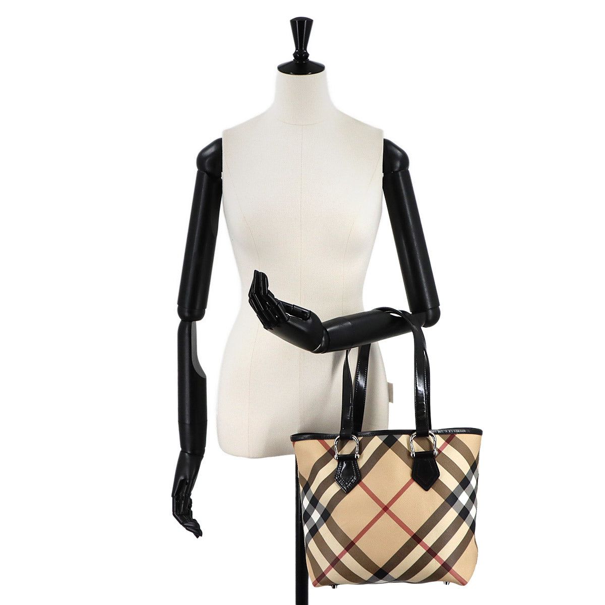 Plaid Tote Bag PVC Leather Beige Brown Purse