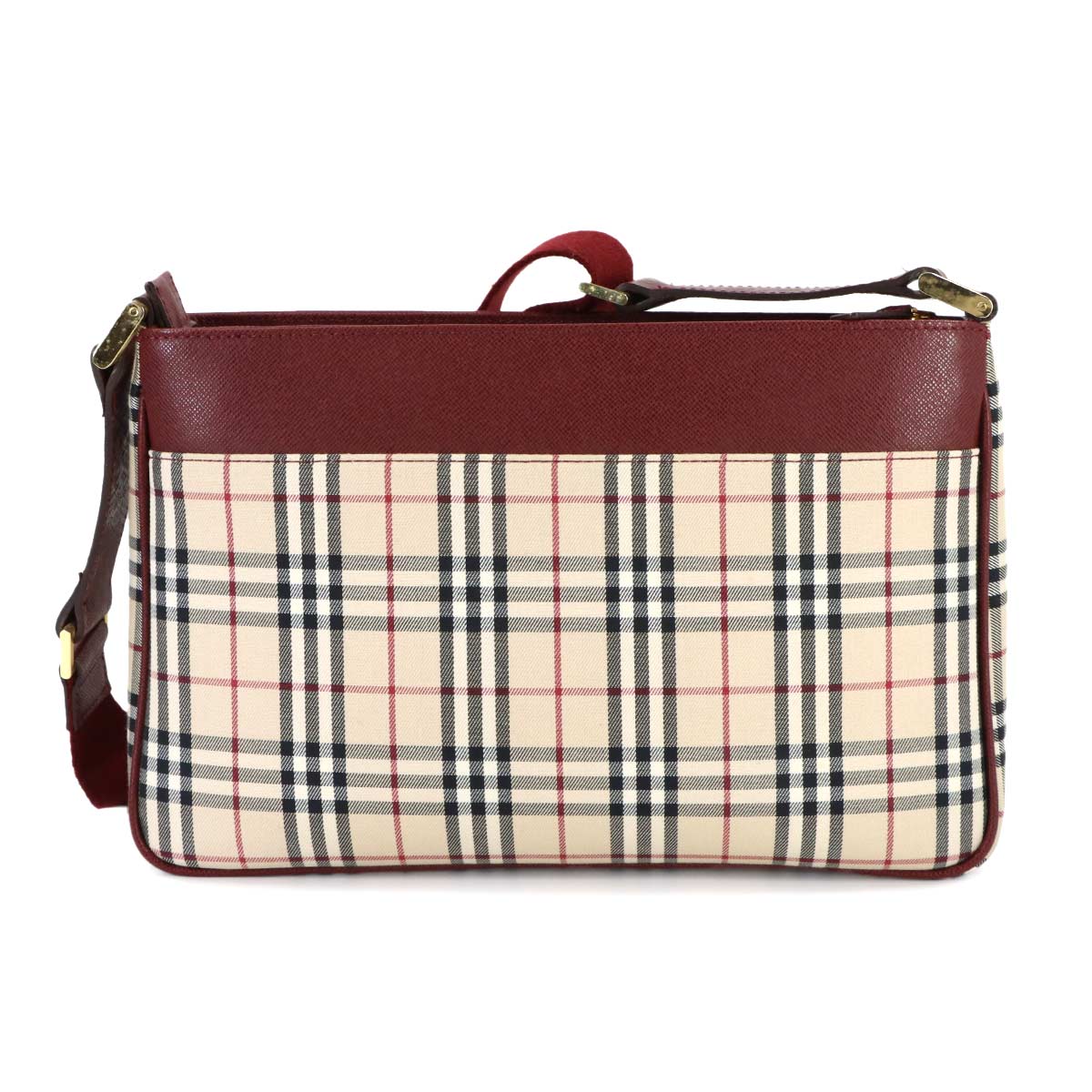 Plaid Shoulder Bag Canvas Leather Beige Bordeaux Purse