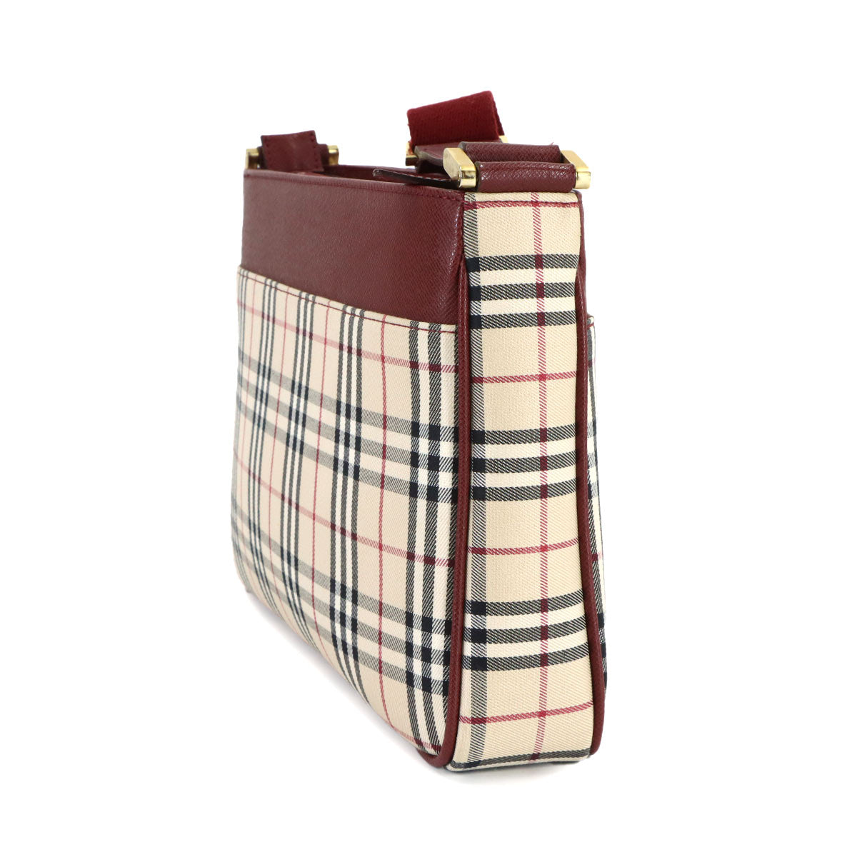 Plaid Shoulder Bag Canvas Leather Beige Bordeaux Purse