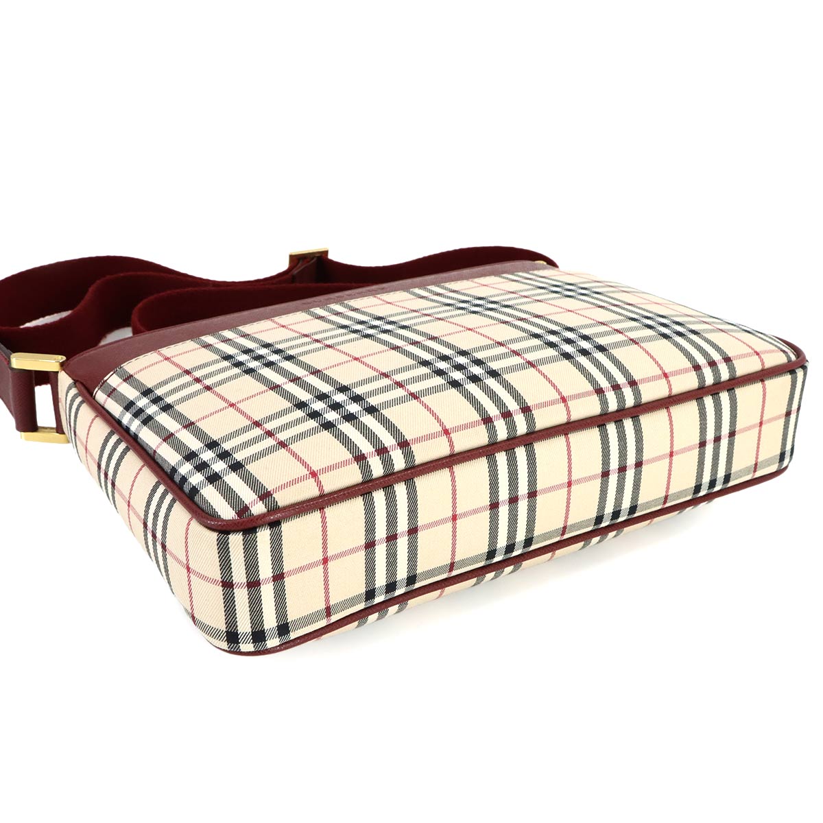 Plaid Shoulder Bag Canvas Leather Beige Bordeaux Purse