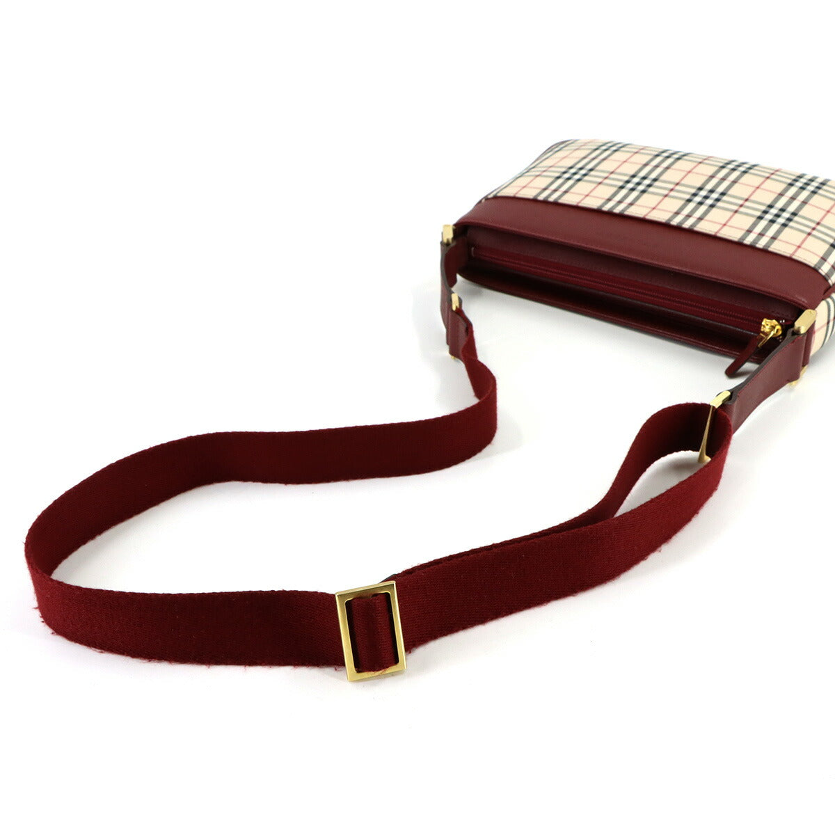 Plaid Shoulder Bag Canvas Leather Beige Bordeaux Purse