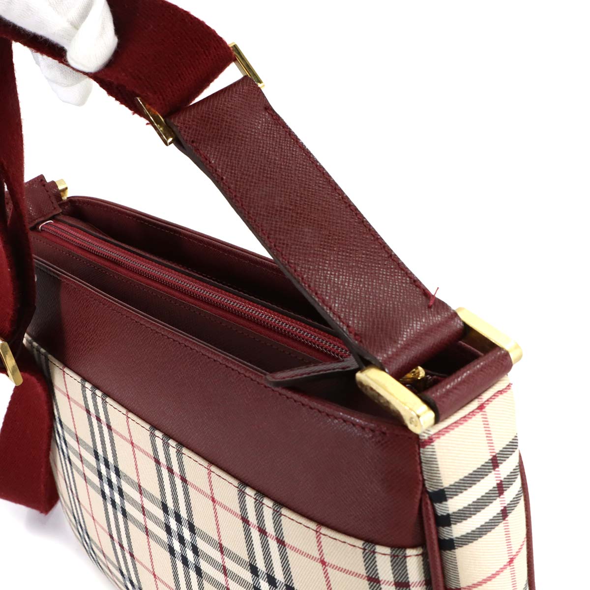 Plaid Shoulder Bag Canvas Leather Beige Bordeaux Purse