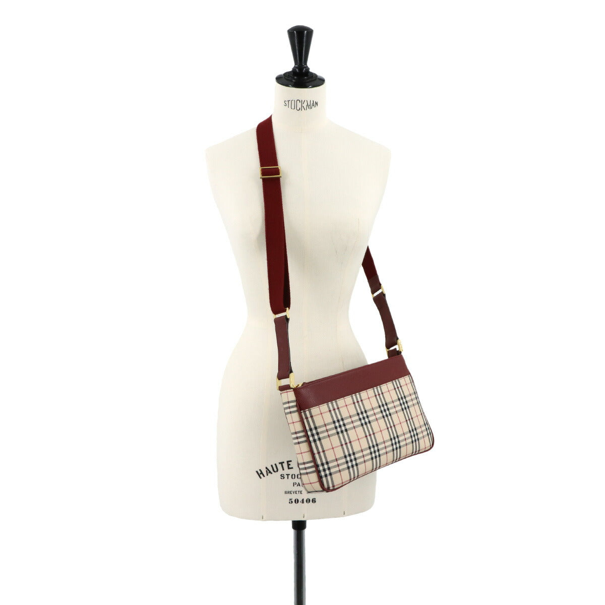 Plaid Shoulder Bag Canvas Leather Beige Bordeaux Purse