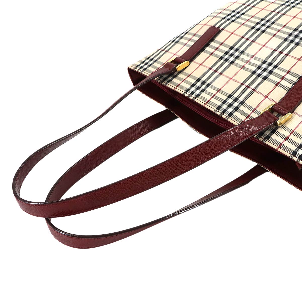 Plaid Tote Bag Canvas Leather Beige Bordeaux Purse