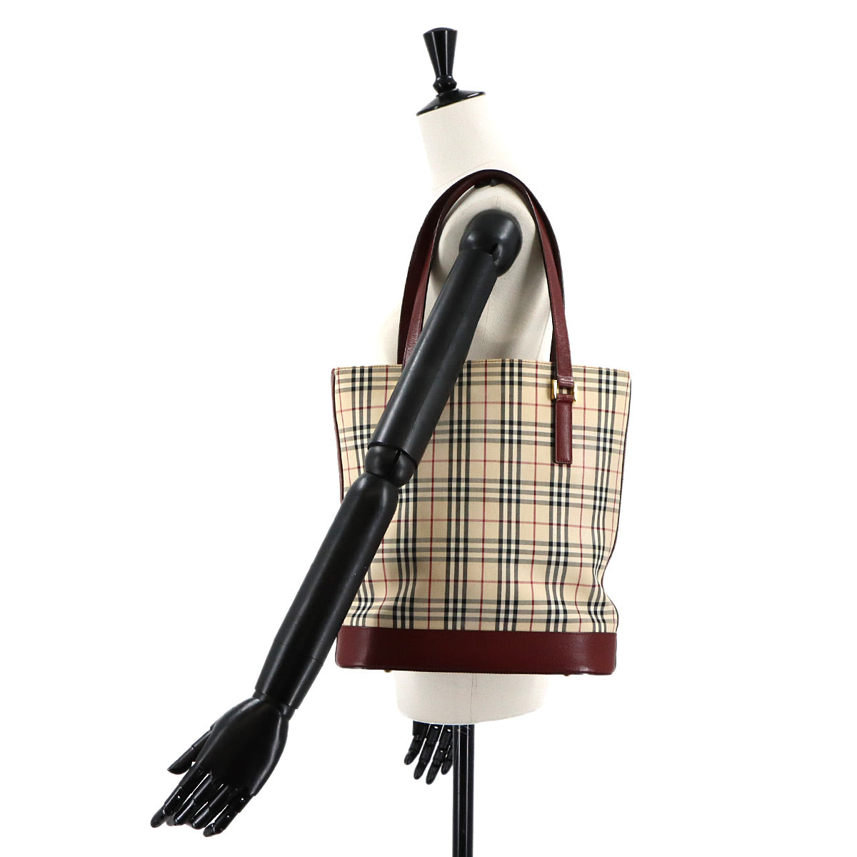 Plaid Tote Bag Canvas Leather Beige Bordeaux Purse