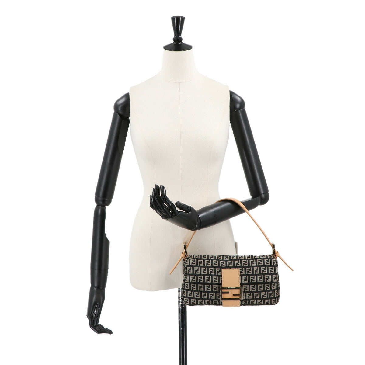 FENDI Zucchino Mamma Baguette Shoulder Bag Canvas Leather Black 8BR000