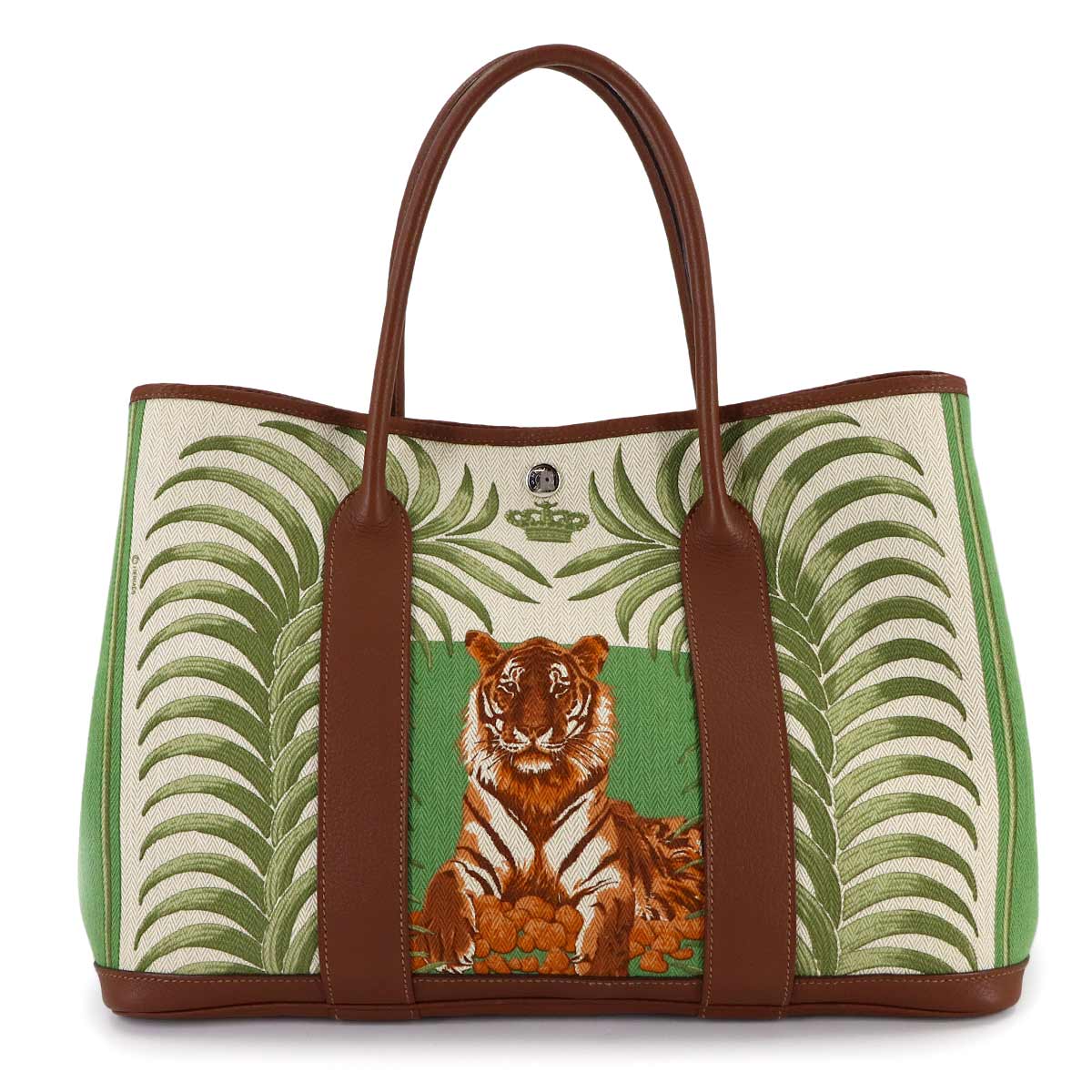 Garden Party PM Tote Bag Toile Chevrons Leather Green Tigar