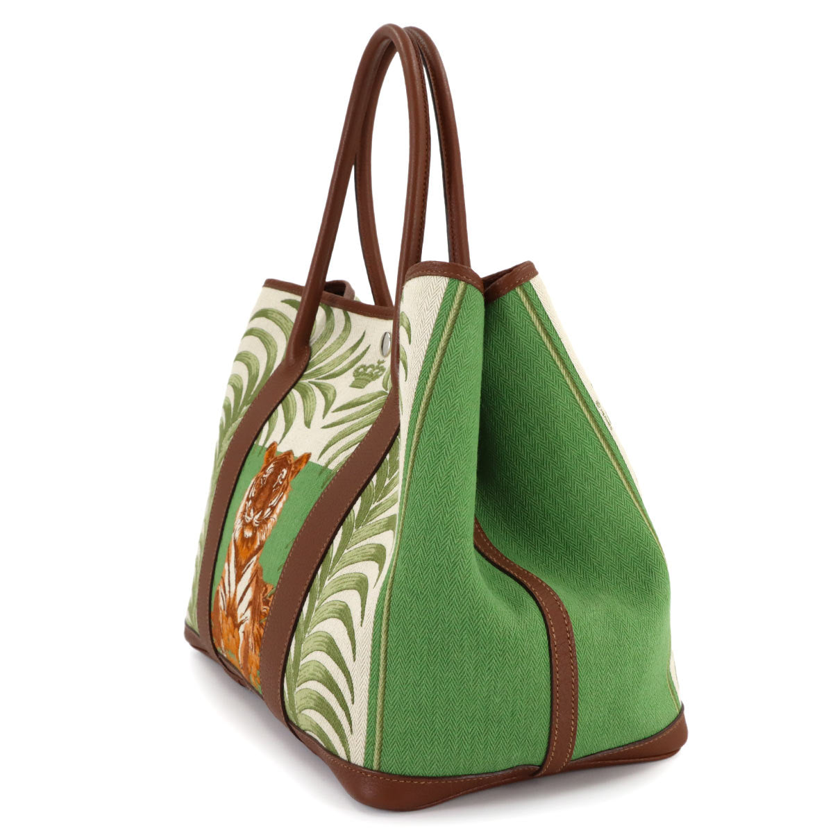 Garden Party PM Tote Bag Toile Chevrons Leather Green Tigar