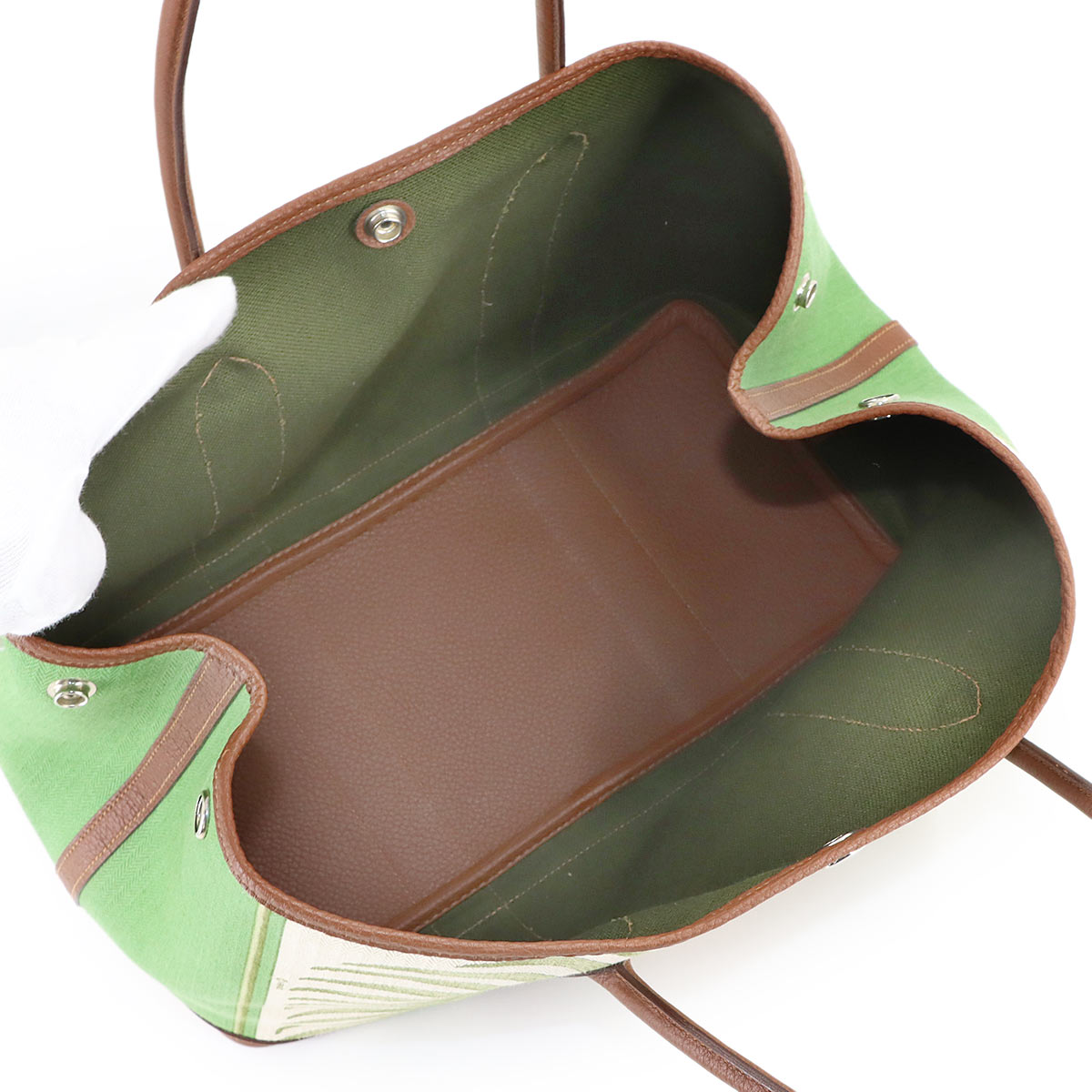Garden Party PM Tote Bag Toile Chevrons Leather Green Tigar
