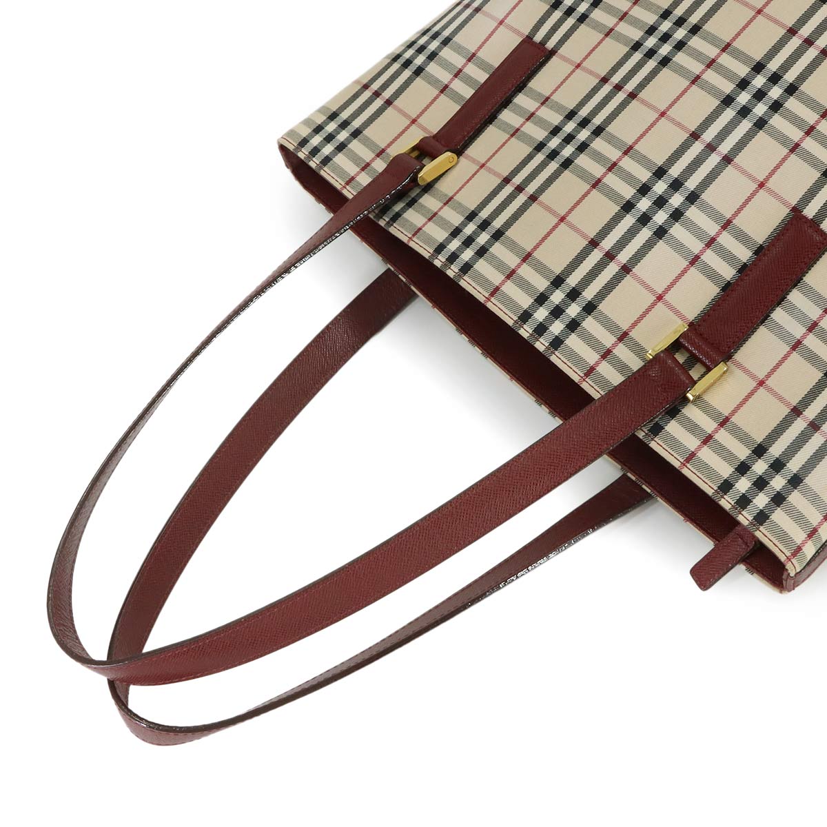 Plaid Tote Bag Canvas Leather Beige Bordeaux Purse